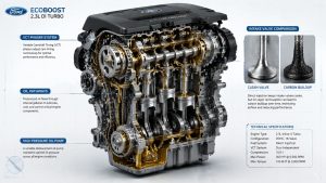 3D engineering cutaway illustration of a Ford EcoBoost engine block showing the comparison between clean intake valves and those with hardened carbon deposits, highlighting critical VCT phaser mechanisms.