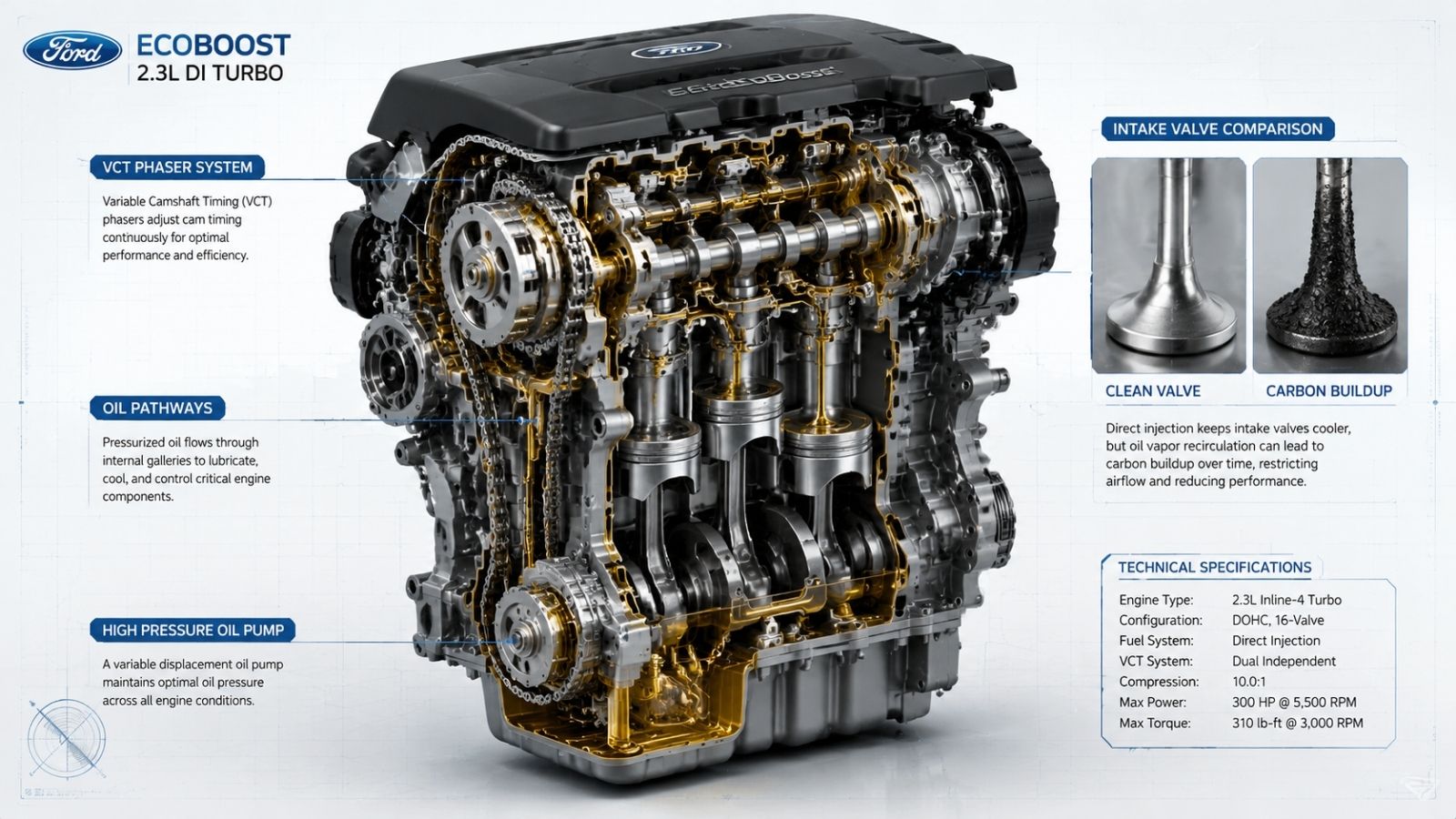 3D engineering cutaway illustration of a Ford EcoBoost engine block showing the comparison between clean intake valves and those with hardened carbon deposits, highlighting critical VCT phaser mechanisms.