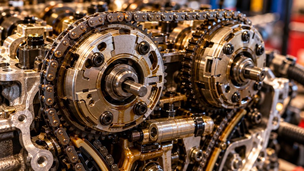 Close-up technical macro photograph of a Ford EcoBoost VCT camshaft phaser and primary timing chain assembly showing precision metal components under amber shop lighting.