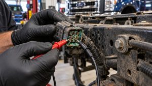 Close-up view of a technician's hands inspecting a corroded electrical connector with green verdigris on a Ford truck frame rail.