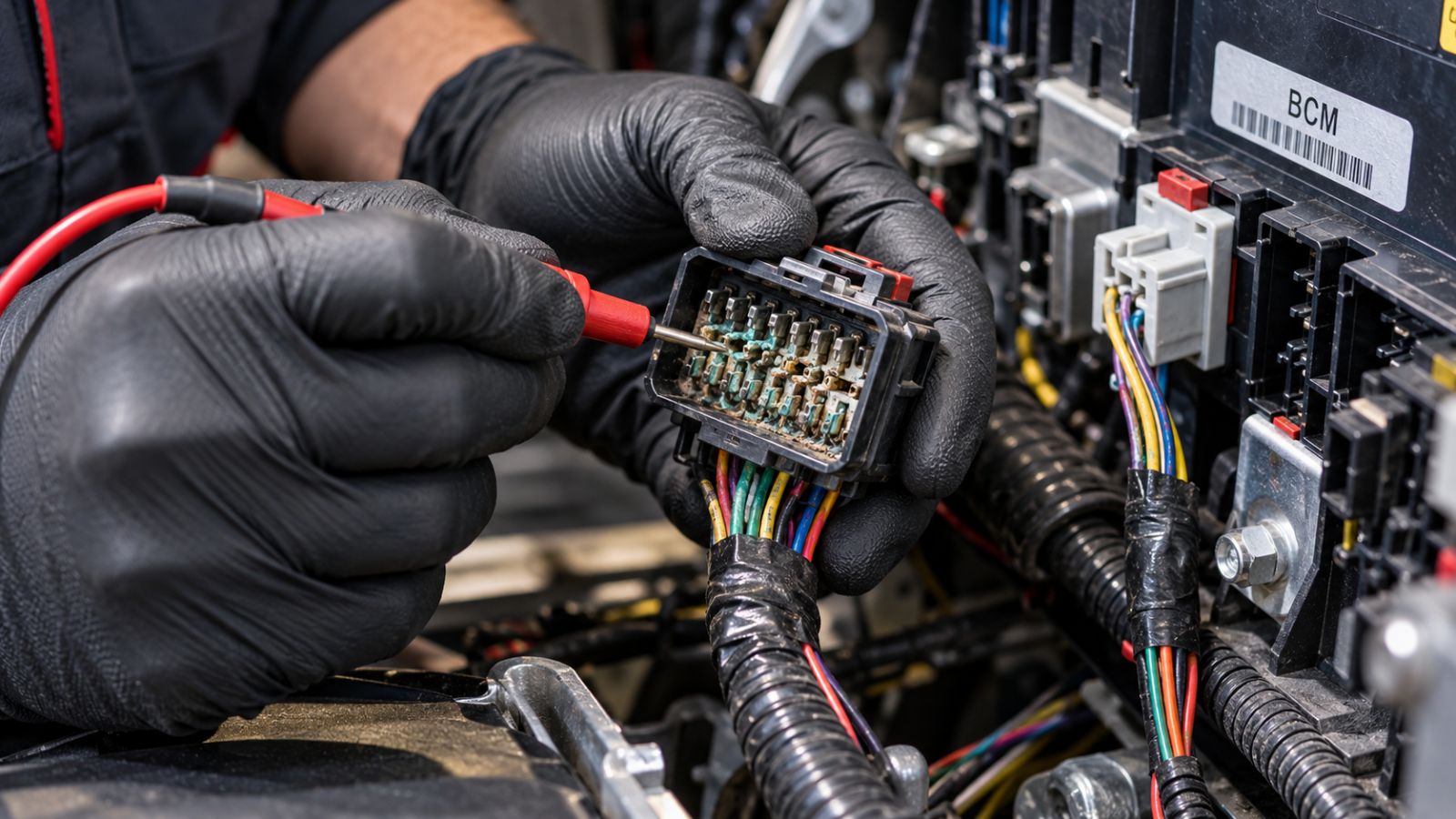 A close-up view of a technician inspecting electrical wiring harness connector pins for green copper corrosion.