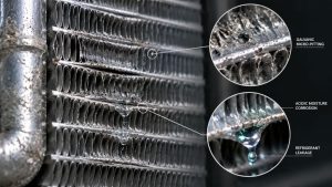 Macro view of aluminum cooling fins on a Ford SUV A/C evaporator core showing galvanic micro-pitting and corrosion.
