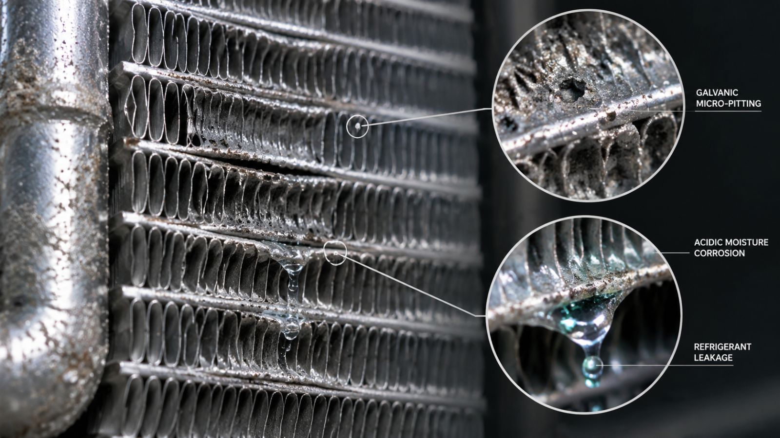 Macro view of aluminum cooling fins on a Ford SUV A/C evaporator core showing galvanic micro-pitting and corrosion.