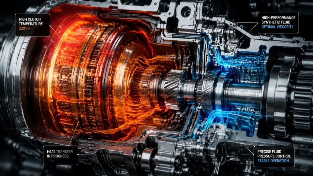 Conceptual visualization of an overheated Ford transmission internal system showing fluid degradation due to high operating temperatures versus clean, high-performance synthetic fluid.